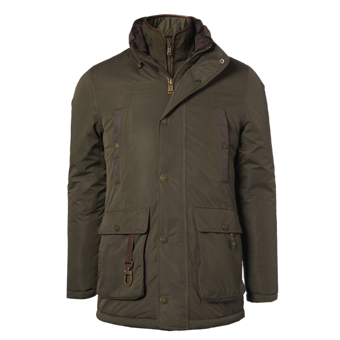 Holland Cooper Stamford Field Coat (Men's) Variant khaki. An olive green hooded utility jacket with brown accents, featuring a high collar, front zipper, snap buttons, and large front flap pockets, shown on a plain white background.