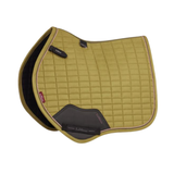 LeMieux AW26 Suede Close Contact Square Varient Gooseberry. A quilted equestrian saddle pad in olive green with black leather accents and a thin pink piping trim, shown on a plain white background.