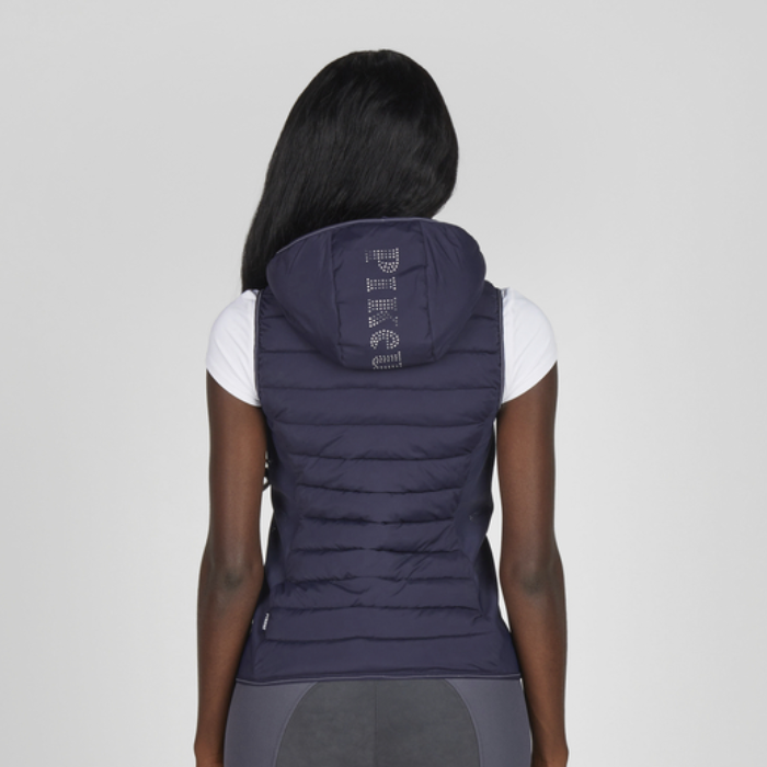 Model showing back of navy gillet on white back ground