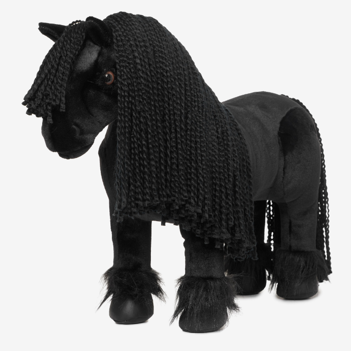 LeMieux Toy Pony Variant Spice. A black horse-shaped plush toy or stuffed animal with a long braided mane, black body, and black hooves, photographed against a plain light gray background.