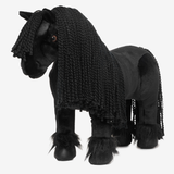 LeMieux Toy Pony Variant Spice. A black horse-shaped plush toy or stuffed animal with a long braided mane, black body, and black hooves, photographed against a plain light gray background.