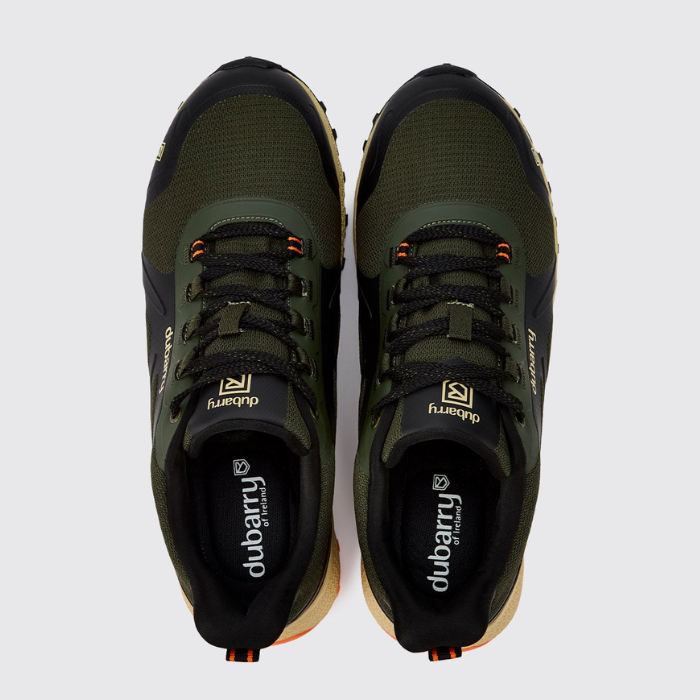 A pair of dark olive green and black trail  shoes with orange accents, shown from a top-down view on a light gray background. The brand 'dubarry' is clearly visible on the tongue and insole.
