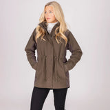 Woman wearing a brown jacket on a white background