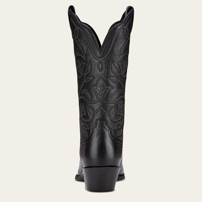 Ariat Ladies Heritage R Toe Western Boot Variant Colour Black Deertan. Western boot with decorative stitching with R shaped toe on light cream background. 