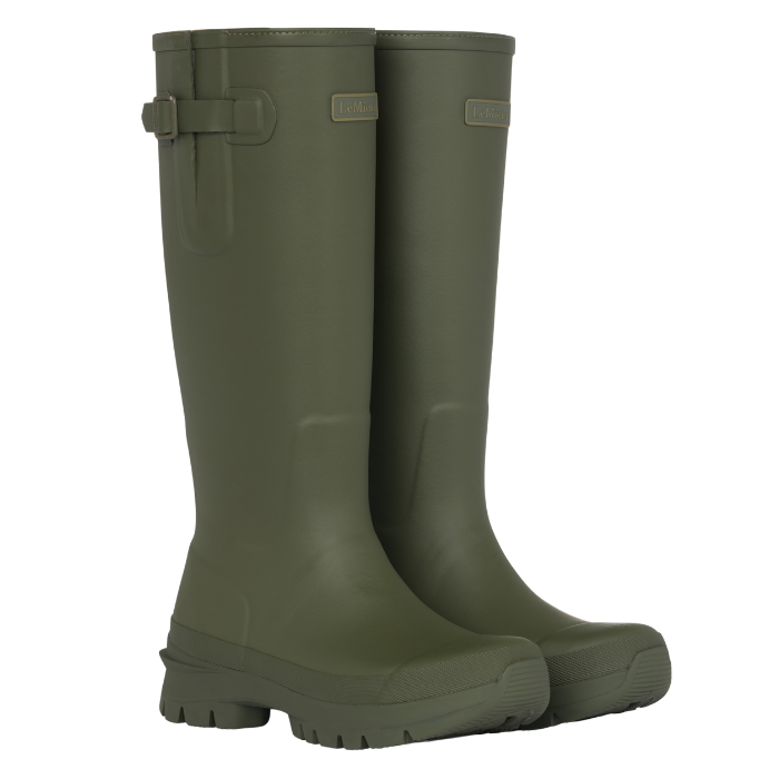 LeMieux AW26 Bramshaw Welly Variant Colour Olive. A pair of olive green wellingtons on white bacground.