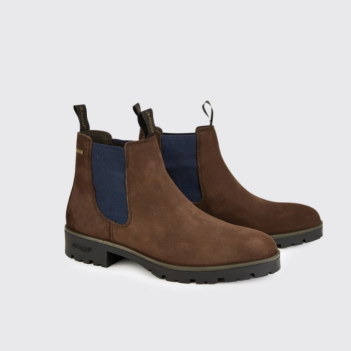Dubarry Mens Antrim Country Boots Variant Java. A pair of brown suede Chelsea boots with blue elastic side panels and black soles, shown on a light gray background.