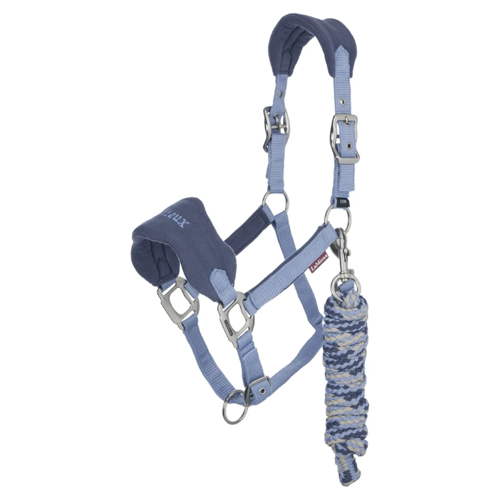 Toy blue pony halter and leadrope on a white background