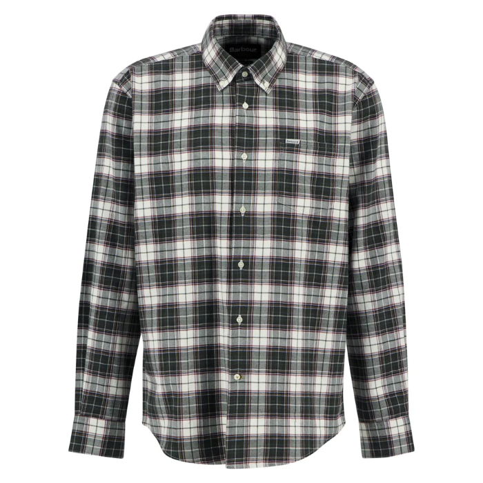 Plaid Barbour shirt with olive, white, and gray pattern on a white background