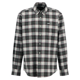 Plaid Barbour shirt with olive, white, and gray pattern on a white background