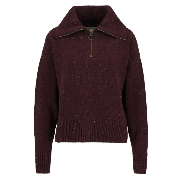 Burgundy Barbour knitted jumper with a zipper on a white background