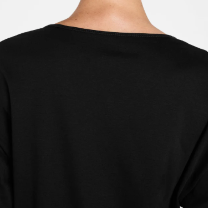 Back of Black long-sleeve jumper worn by a person on a white background