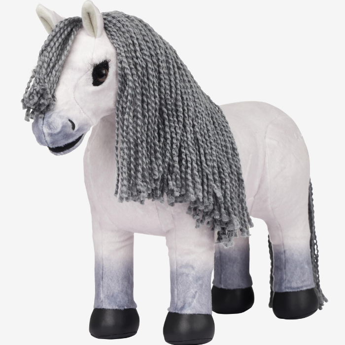 LeMieux Toy Pony Variant Blanca. A plush toy horse with a white and gray gradient body, a long gray yarn mane, and black hooves, shown against a plain white background.