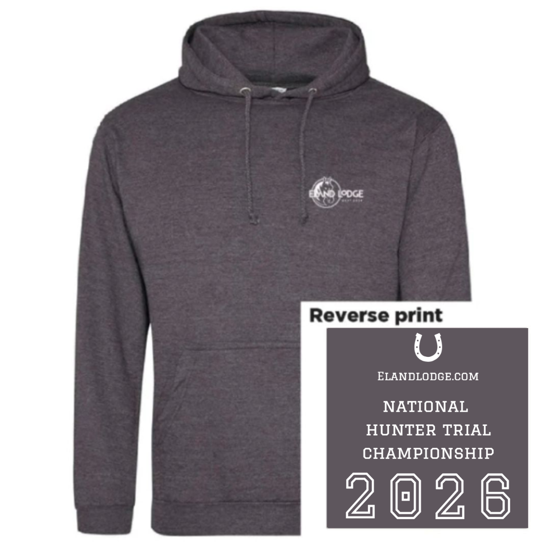 A dark heather gray pullover hoodie with a small white circular logo on the left chest, shown on a white background with a gray inset labeled 'Reverse print' containing the text 'ELANDLODGE.COM NATIONAL HUNTER TRIAL CHAMPIONSHIP 2026'.