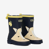 LeMieux AW26 Splash Welly Varient Lemon. A pair of LeMieux children's rain boots in black and cream, featuring a stylized horse face design on the front and a yellow lemon graphic on the side.