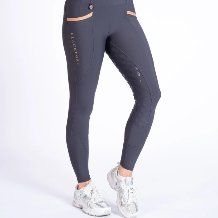 Blackfort AW26 Training Tights 3.0 Variant  Grey/ Caramel. Grey riding tights with caramel detailing against a white background. 