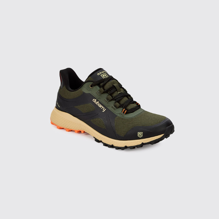 A single Dubarry trail shoe in olive green and black with a beige midsole and a small orange accent on the outsole, shown against a light gray background.