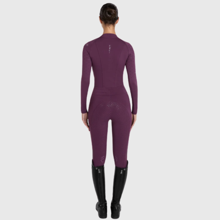 Back of person wearing a plum outfit on a white background