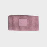 Pink knitted headband with a logo on a light grey background