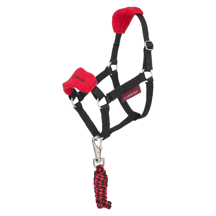 LeMieux AW26 Hobby Horse Vogue Headcollar & Leadrope Variant Colour Chilli. Toy horse headcollar and lead rope with faux fur @LeMieux' Brand on white background.