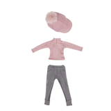 LeMieux AW26 Toy Rider Outfit Varient Blossom. Mini pink base layer, grey trousers and a matching pink hat silk on a white background. 