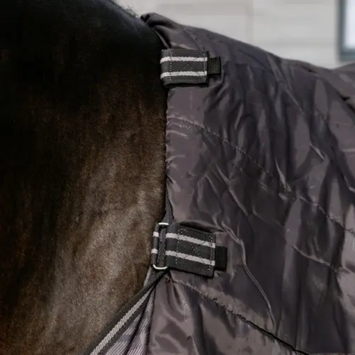 Close-up of a horse wearing a dark gray quilted horse blanket with detachable neck straps and silver reflective stripes.