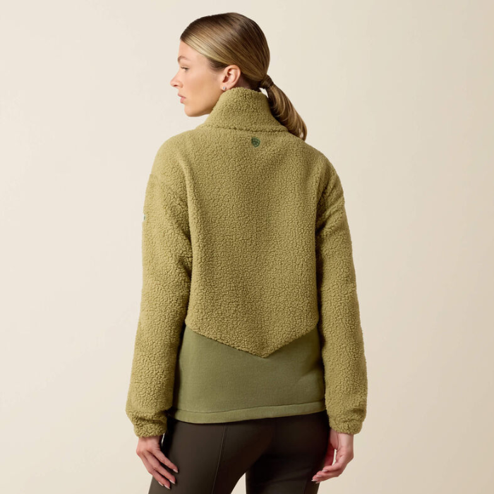 Ariat Ladies Laviolette Full Zip Jacket Variant Oil Green. A woman shown from the back wearing a textured fleece pullover in an olive green color, paired with dark leggings, against a plain beige studio background.