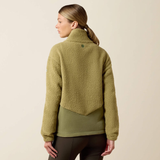Ariat Ladies Laviolette Full Zip Jacket Variant Oil Green. A woman shown from the back wearing a textured fleece pullover in an olive green color, paired with dark leggings, against a plain beige studio background.