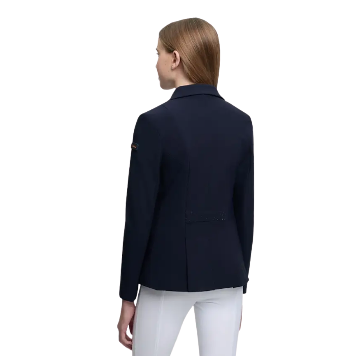 Navy blazer worn by a person on a white background