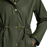 Holland Cooper Chartwell Rain Parka Variant Hunter Green. Close up of a green jacket with gold buttons and a drawstring feature.