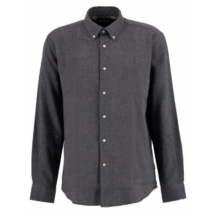 Dark grey button-up shirt on a white background