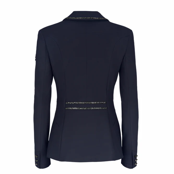 Navy blazer with decorative elements on a white background