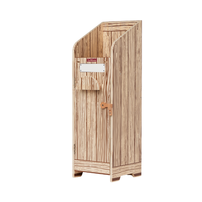 LeMieux AW26 Hobby Horse Stable Wooden Variant Colour Brown.
A tall toy wooden storage cabinet for a hobby horse with a slanted top, vertical wood-grain paneling, a small front pocket, and a metal mail slot, shown on a plain white background.