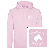 Pink hoodie with a logo and text on a white background