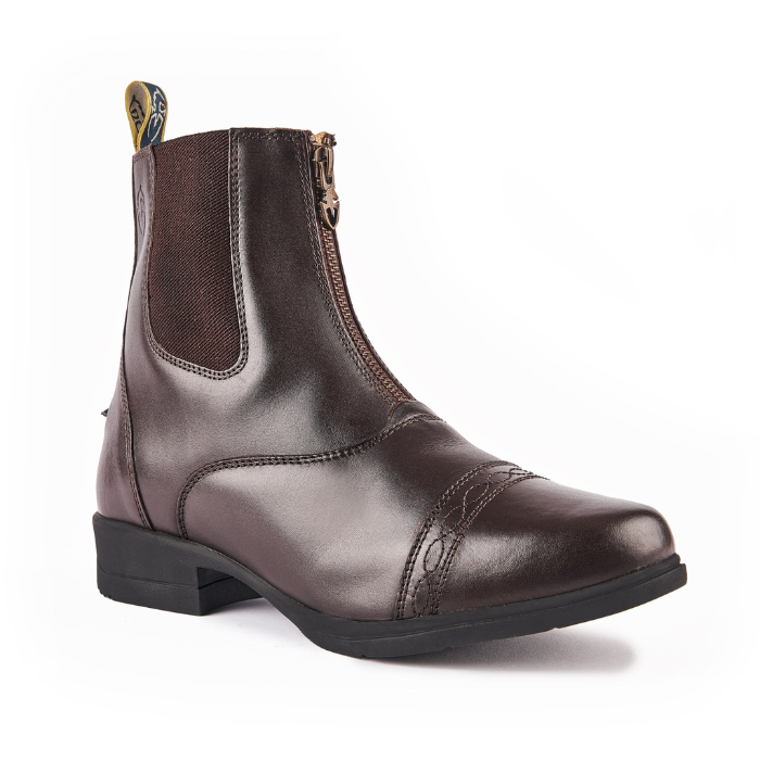 Brown leather boot with a zipper on a white background