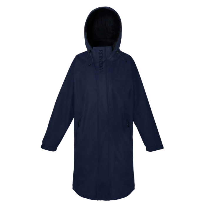 A dark navy blue hooded raincoat with a front zipper, shown on a plain white background.