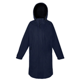 A dark navy blue hooded raincoat with a front zipper, shown on a plain white background.