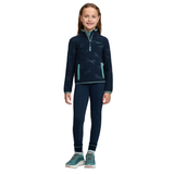 LeMieux AW26 Mini Maggie Horse Fleece Varient Navy. Young girl wearing a navy fleece and navy bottoms against a white background. 