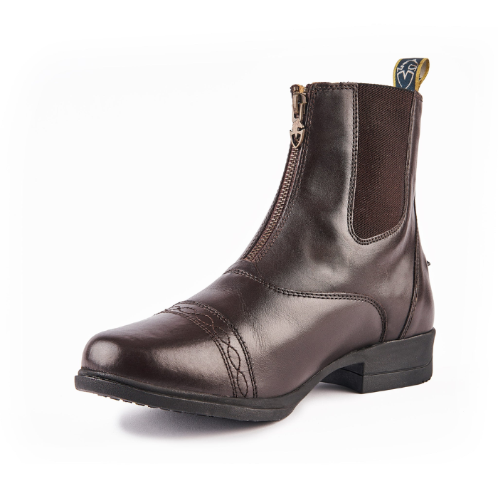 Brown leather boot with a visible brand logo on a white background