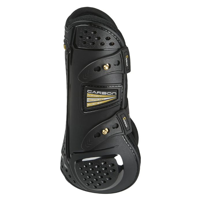 Shires Arma Oxi-Zone Tendon Boots Varient Black. Horse tendon boot in black with elasticated straps on a white background. 