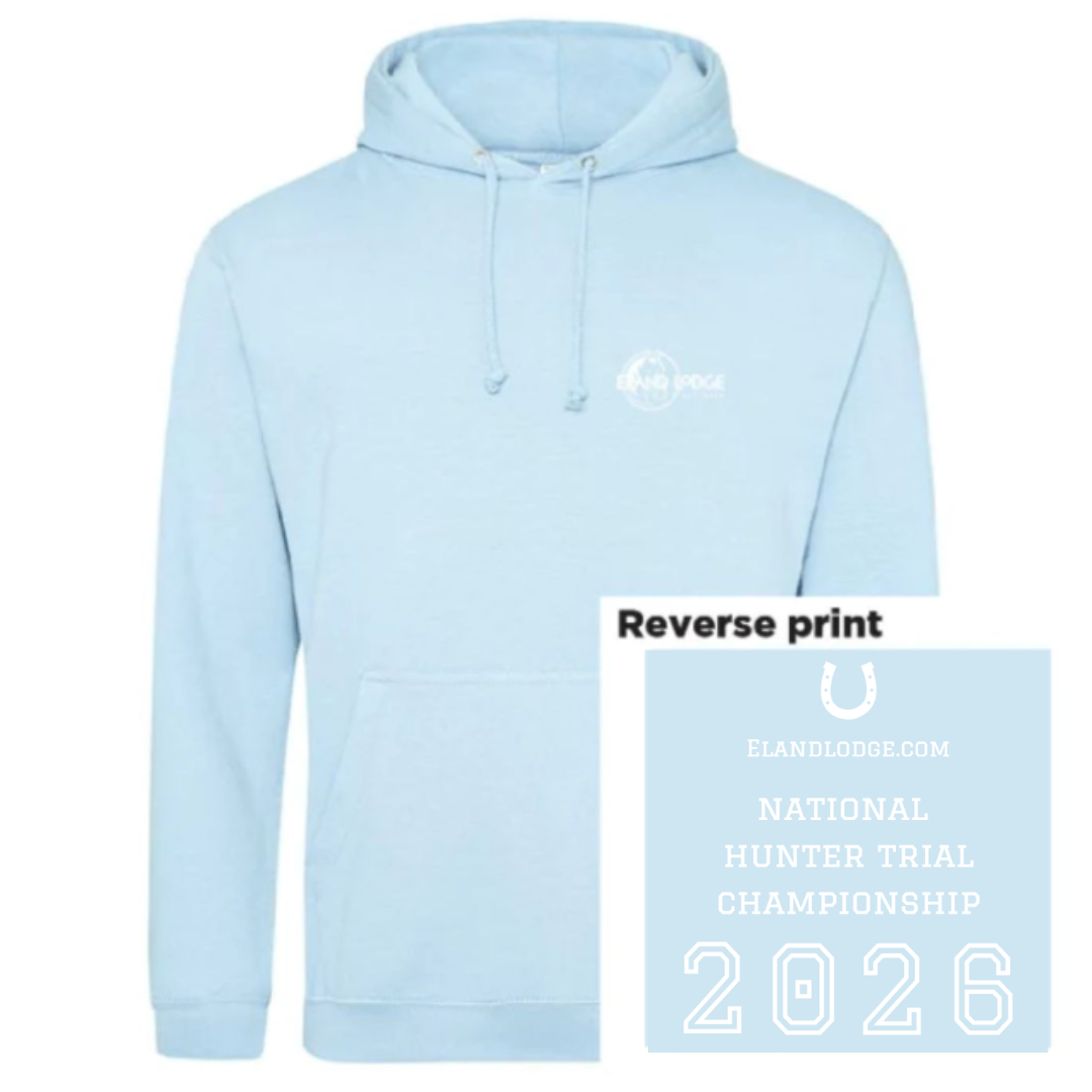 A light blue pullover hoodie with a small white chest logo, shown on a white background with a printed inset showing the reverse side design that reads 'Reverse print' and 'National Hunter Trial Championship 2026'.