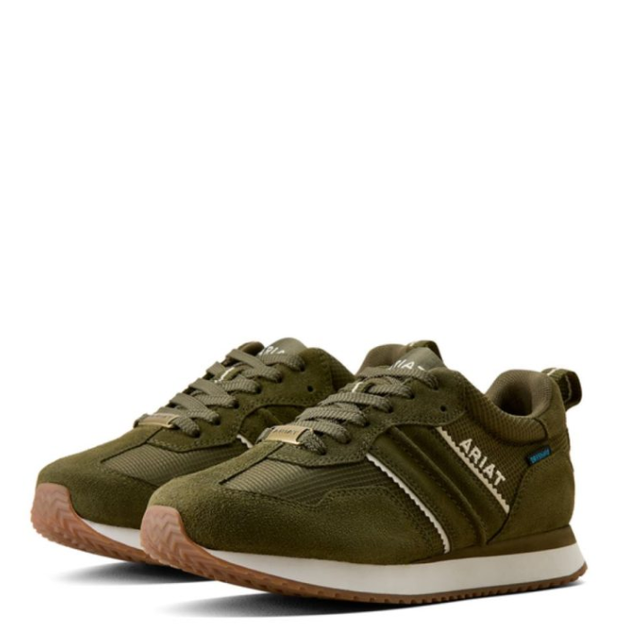 Ariat Ladies Ranch Runner H20 Varient Olive Night. Two olive green trainers with two white stripes down the side and 'Ariat' branding on a hite background. 