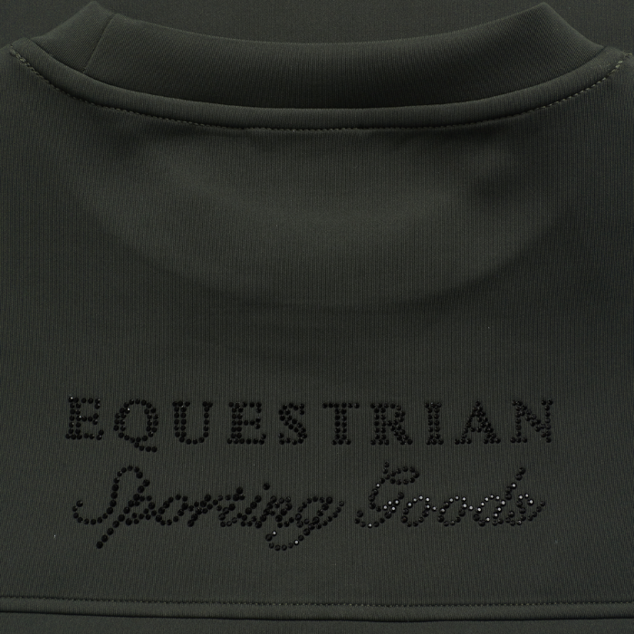 Holland Cooper Cranborne Crystal Crew Variant Ivy Green. Close-up of a dark olive ribbed fabric garment with 'EQUESTRIAN Sporting Goods' text across the chest in a sparkling rhinestone-style font.
