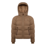 Holland Cooper Chiltern Yard Jacket Variant Chestnut. A brown hooded puffer jacket with horizontal quilting, a front zipper, and zippered hand pockets, shown on a plain white background.