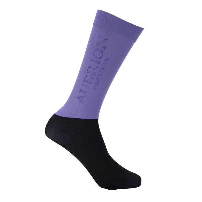 Purple and black sock with 'Auburn Equestrian' branding on a white background