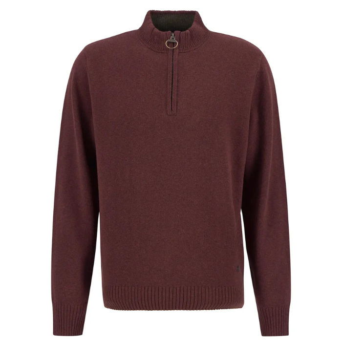 Red Barbour sweater with a quarter zip on a white background