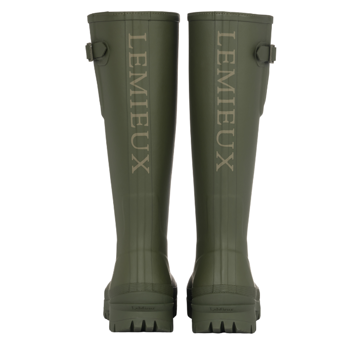 LeMieux AW26 Bramshaw Welly Variant Colour Olive. A pair of olive green wellingtons showing 'LeMieux' brand name down the back on white bacground.