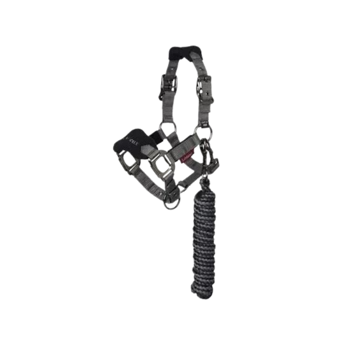 Toy black and gray pony halter and leadrope on a white background