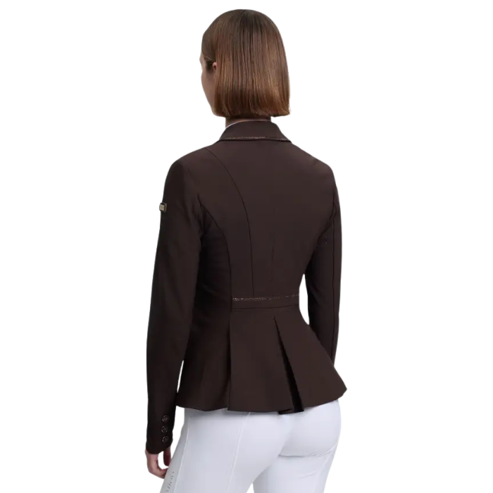 Brown riding jacket worn by a person on a white background