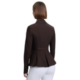 Brown riding jacket worn by a person on a white background
