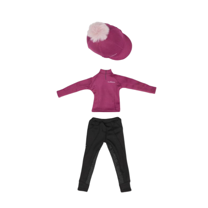 LeMieux AW26 Toy Rider Outfit Varient Blackberry. Mini toy rider outfit consisting of a Blackberry baselayer, black trousers and a blackberry hat silk.